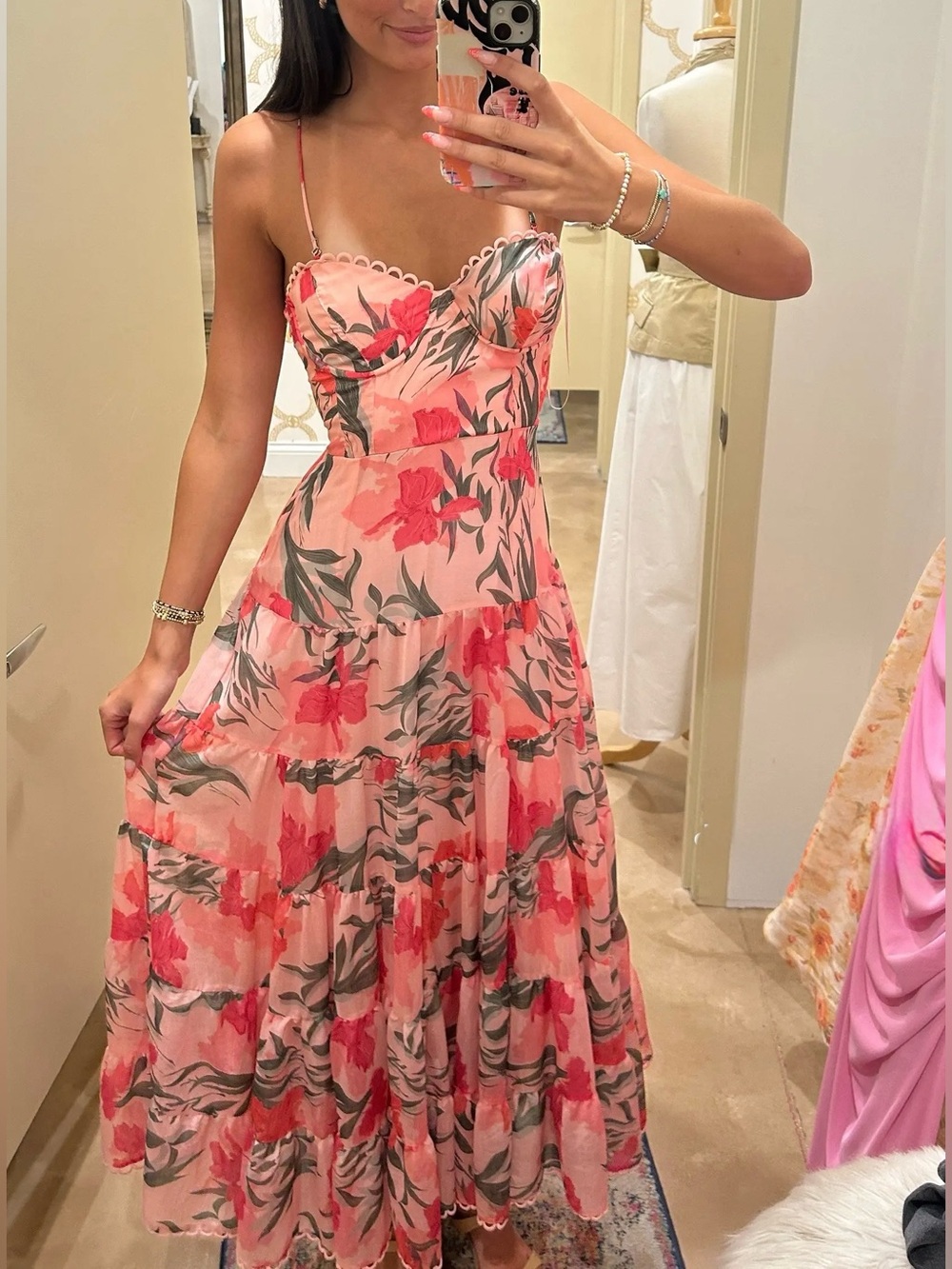 Astr Floral Tiered Pink Maxi Dress with Scallop Bodice NWT